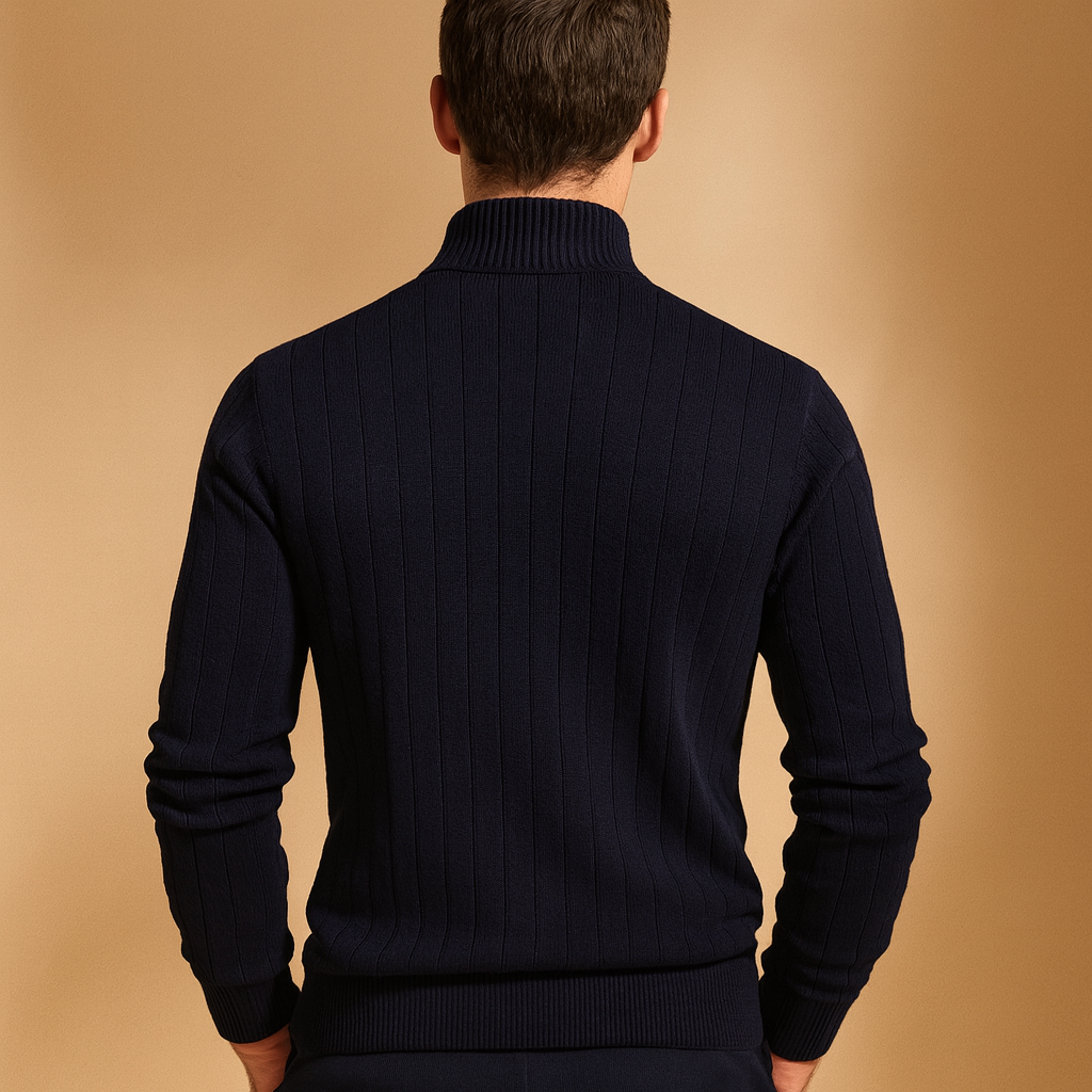 Men’s half zip sweater with high collar and slim fit, made from soft warm knit fabric, perfect for autumn and winter casual or smart looks.