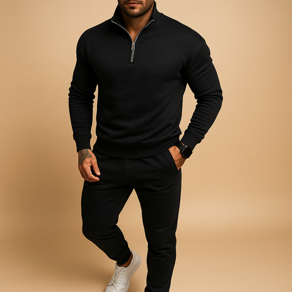 Men’s half-zip tracksuit with sweatshirt and joggers, perfect for sports, lounging, or casual wear.