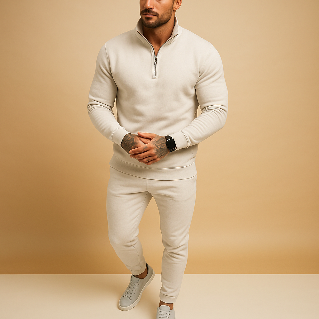 Men’s half-zip tracksuit with sweatshirt and joggers, perfect for sports, lounging, or casual wear.