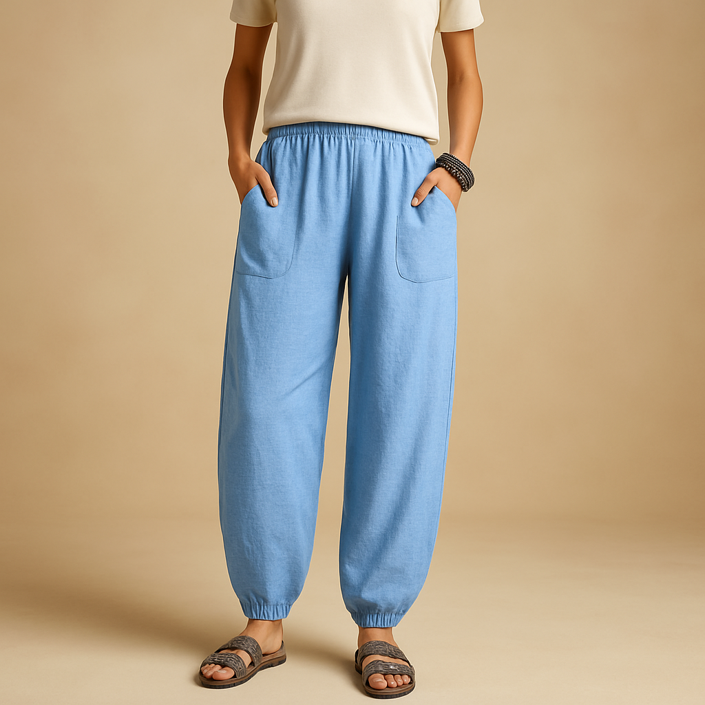 Women’s high waist boho summer pants with a loose fit and functional pockets, ideal for beach outings, summer walks, or casual city wear.