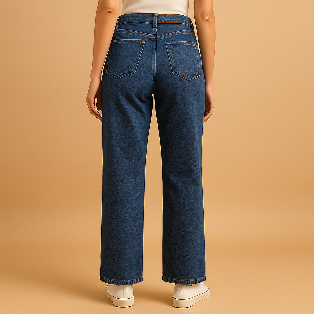 Women’s high waisted loose fit jeans in classic denim blue, featuring a relaxed cut and flattering design, ideal for casual and trendy outfits.