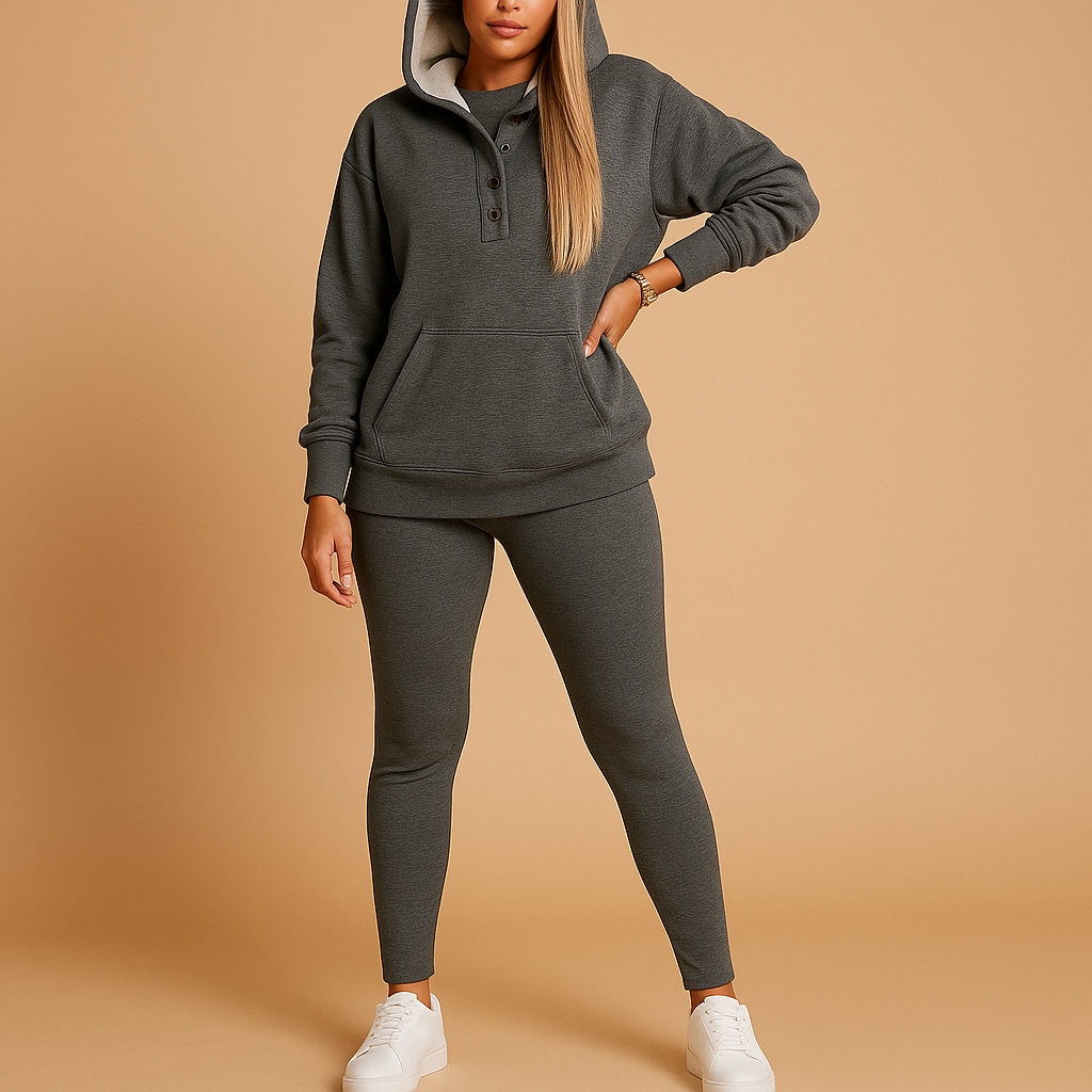 Women’s hoodie and jogger set with relaxed fit, perfect for casual days, lounging at home, or staying stylish in cooler weather.