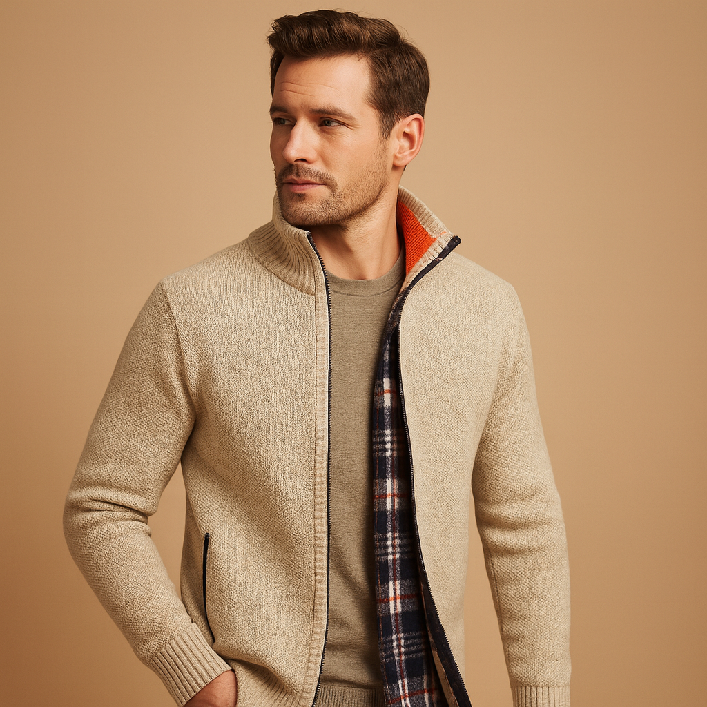 Men’s knitted cable sweater with cozy checkered inner lining, ideal for autumn and winter, offering a timeless and versatile style.