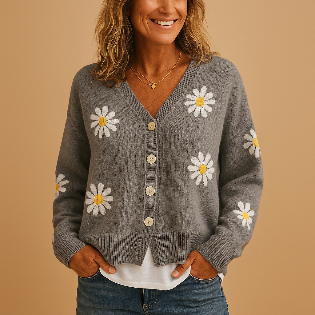 Knitted cardigan for women with elegant floral pattern and button closure, available in Blue, Brown, Black, Grey, and Orange, perfect for autumn and winter layering.