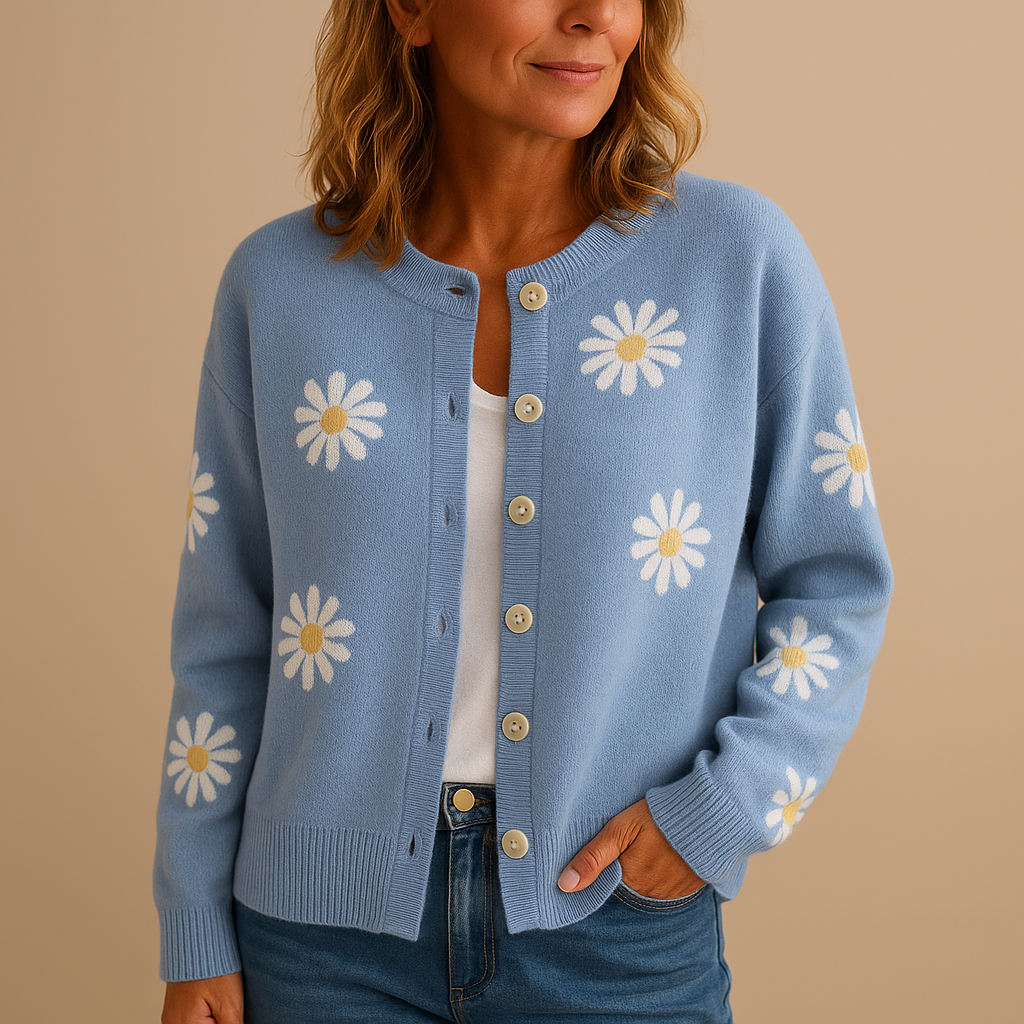Knitted cardigan for women with elegant floral pattern and button closure, available in Blue, Brown, Black, Grey, and Orange, perfect for autumn and winter layering.