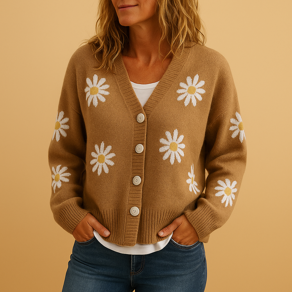 Knitted cardigan for women with elegant floral pattern and button closure, available in Blue, Brown, Black, Grey, and Orange, perfect for autumn and winter layering.