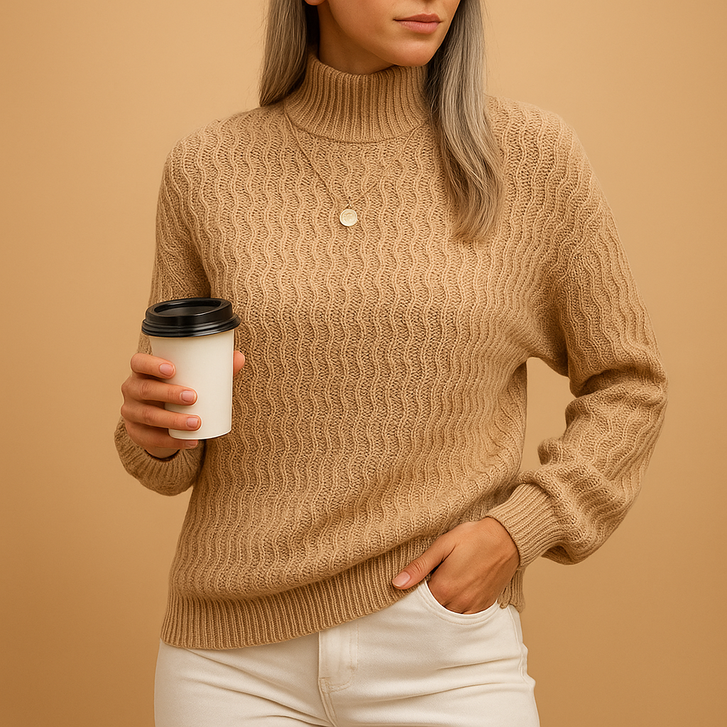 Women’s knitted turtleneck sweater in soft breathable fabric, ideal for office, casual outings, or layering in all seasons.