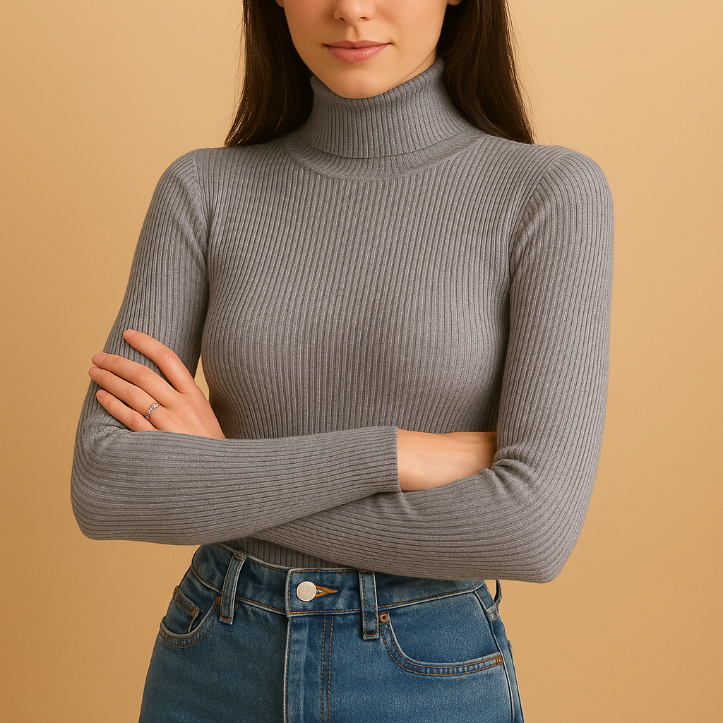 Knitted turtleneck sweater for women with a classic fold-over collar, soft texture, and elegant fit, ideal for autumn, winter, and spring outfits.