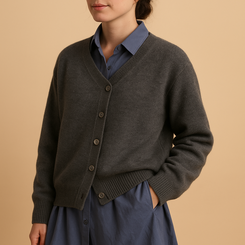 Women’s knitted wool-look sweater in grey and khaki with a classic relaxed fit and soft, non-itch texture for stylish comfort year-round.