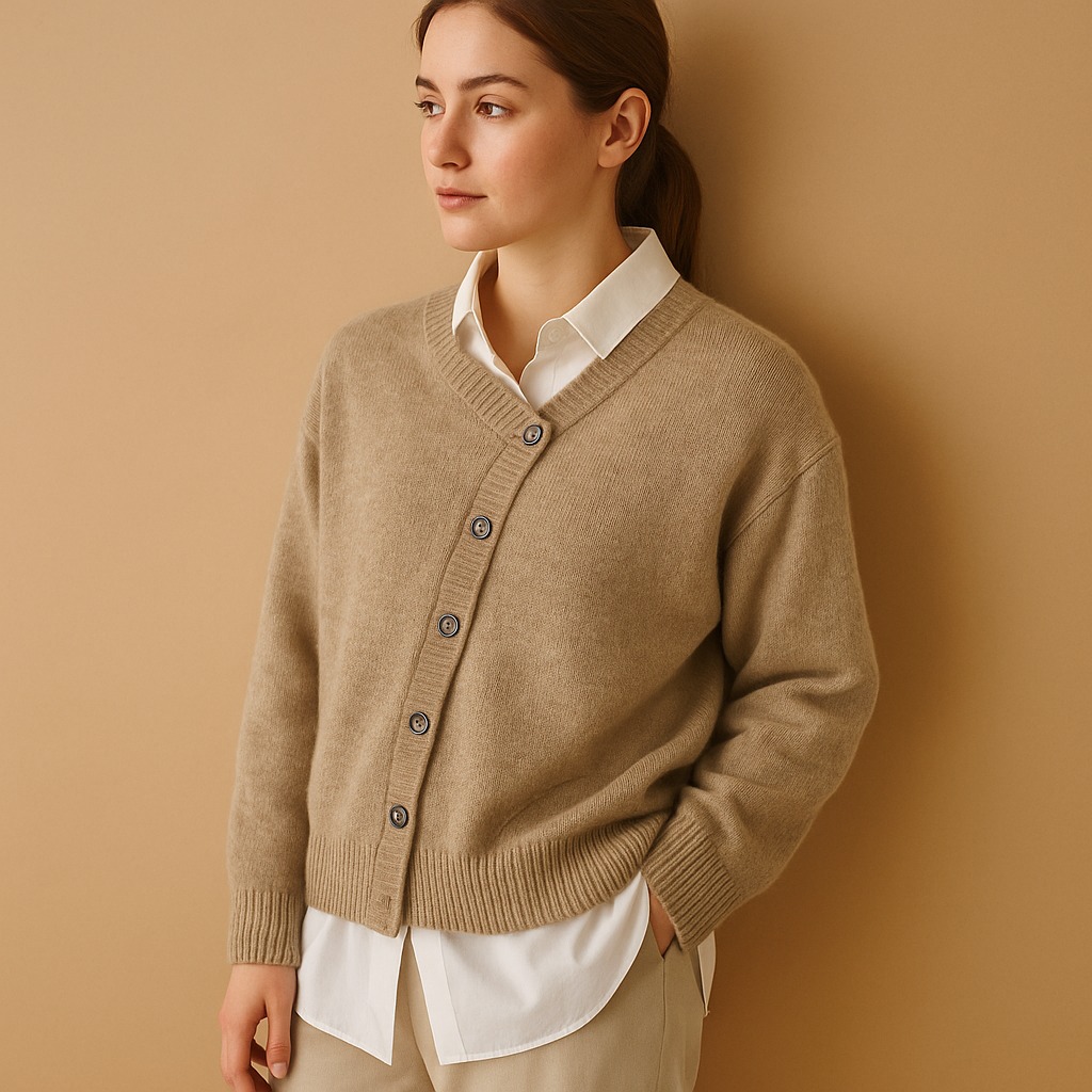 Women’s knitted wool-look sweater in grey and khaki with a classic relaxed fit and soft, non-itch texture for stylish comfort year-round.