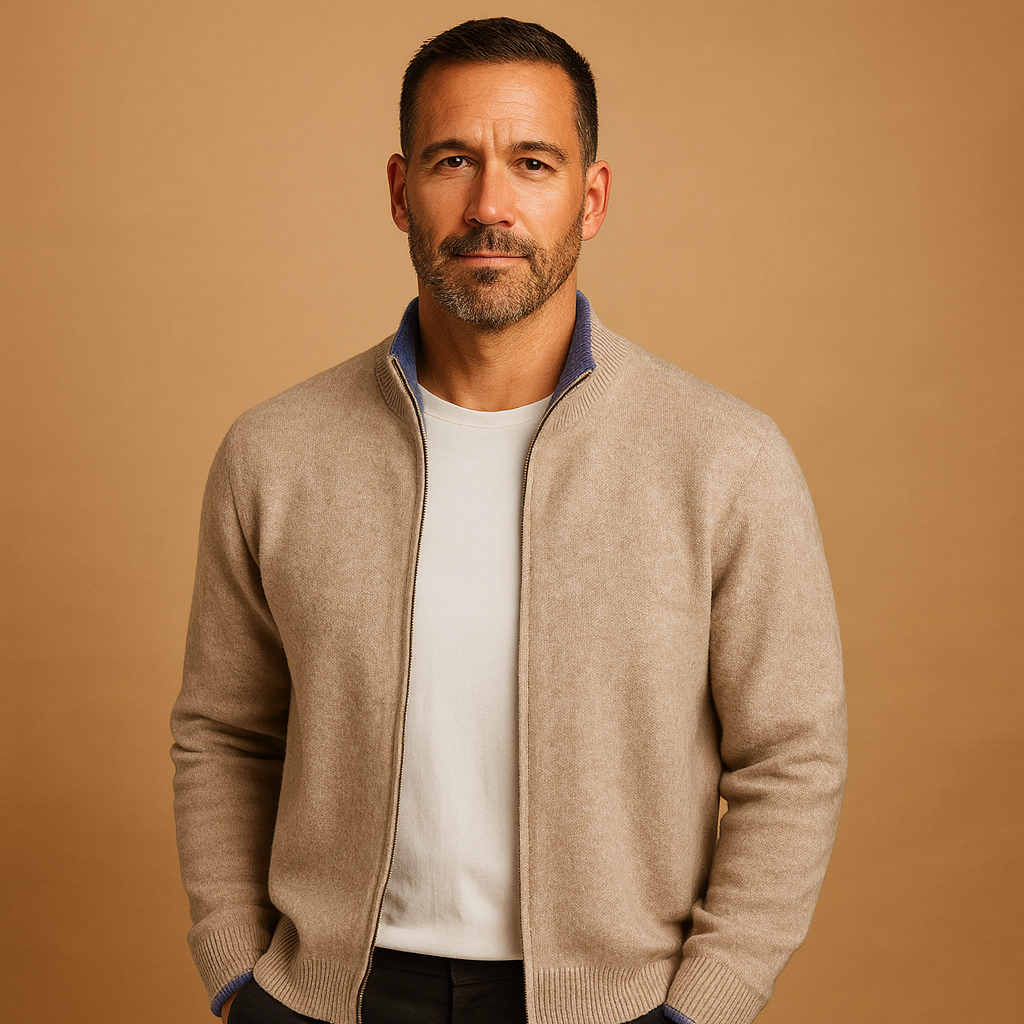 Knitted zip cardigan for men with ribbed collar, classic design, and warm fit, ideal for autumn and winter casual or business wear.