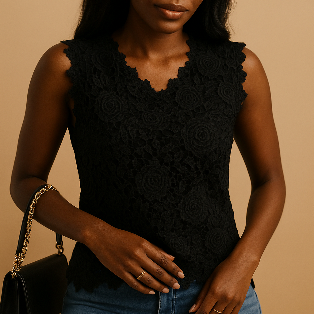 Lace detail blouse for women with a round neckline and relaxed fit, suitable for office wear, casual days, and everyday outfits.