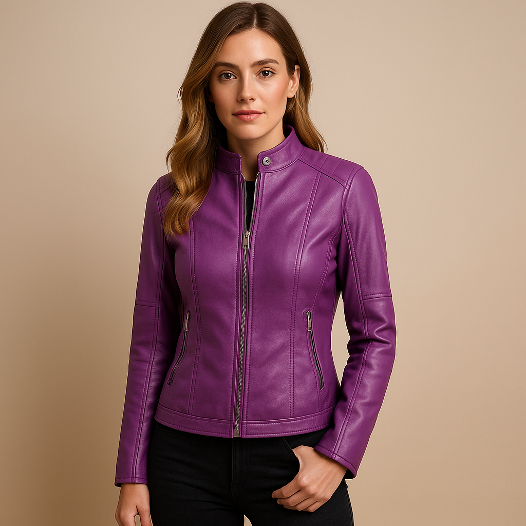 Women’s leather jacket with symmetrical zipper and snap-button collar, available in black, camel, beige, and wine red. Perfect for autumn and spring.