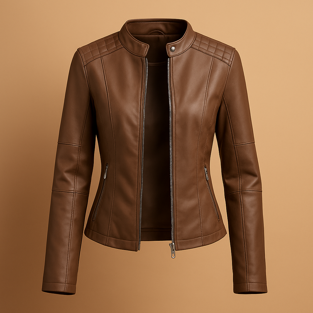 Women’s leather jacket with symmetrical zipper and snap-button collar, available in black, camel, beige, and wine red. Perfect for autumn and spring.