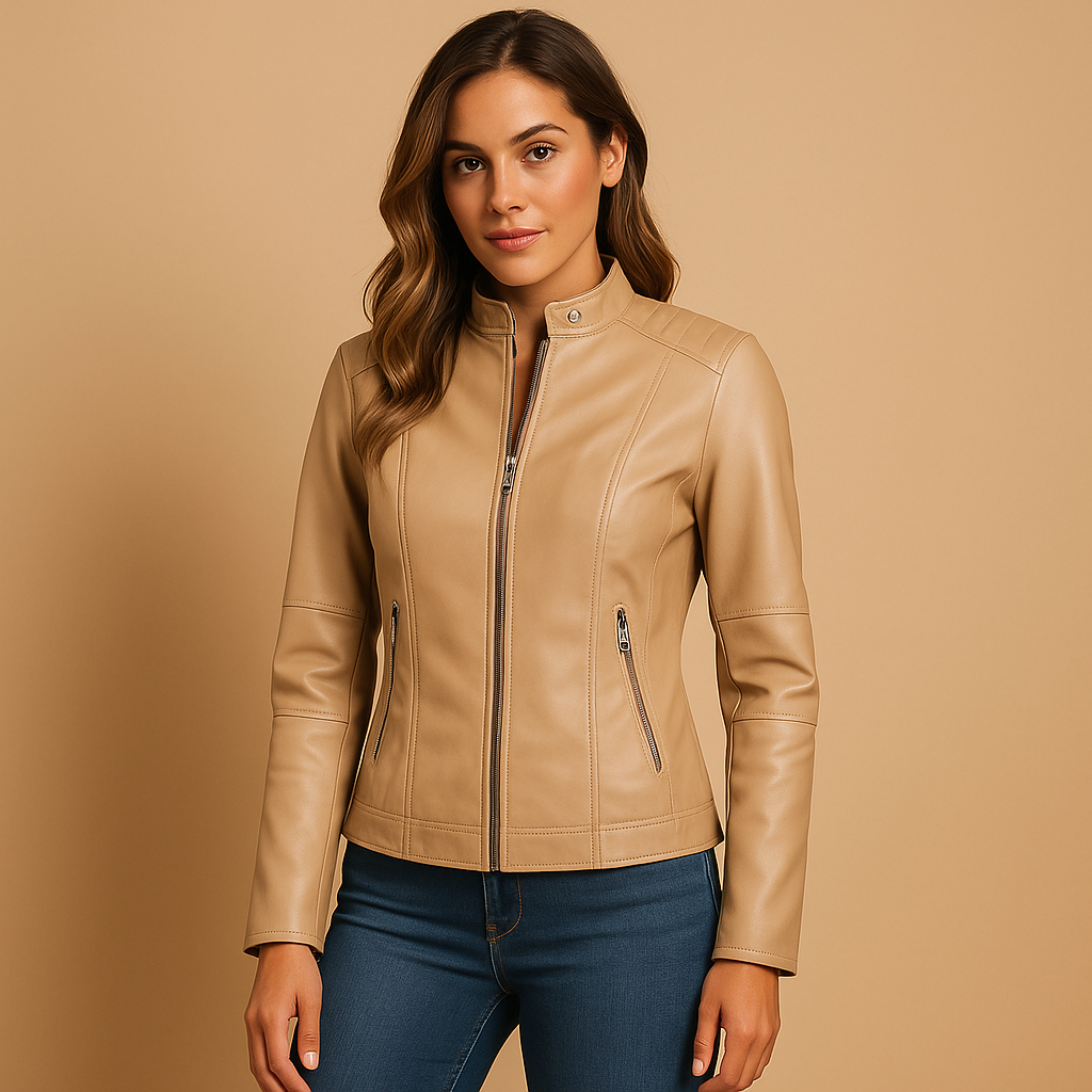 Women’s leather jacket with symmetrical zipper and snap-button collar, available in black, camel, beige, and wine red. Perfect for autumn and spring.