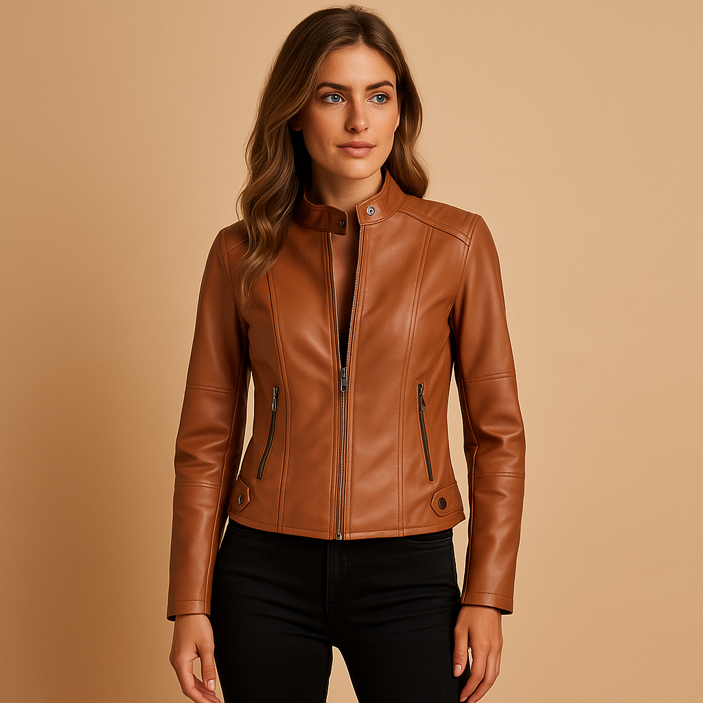 Women’s leather jacket with symmetrical zipper and snap-button collar, available in black, camel, beige, and wine red. Perfect for autumn and spring.