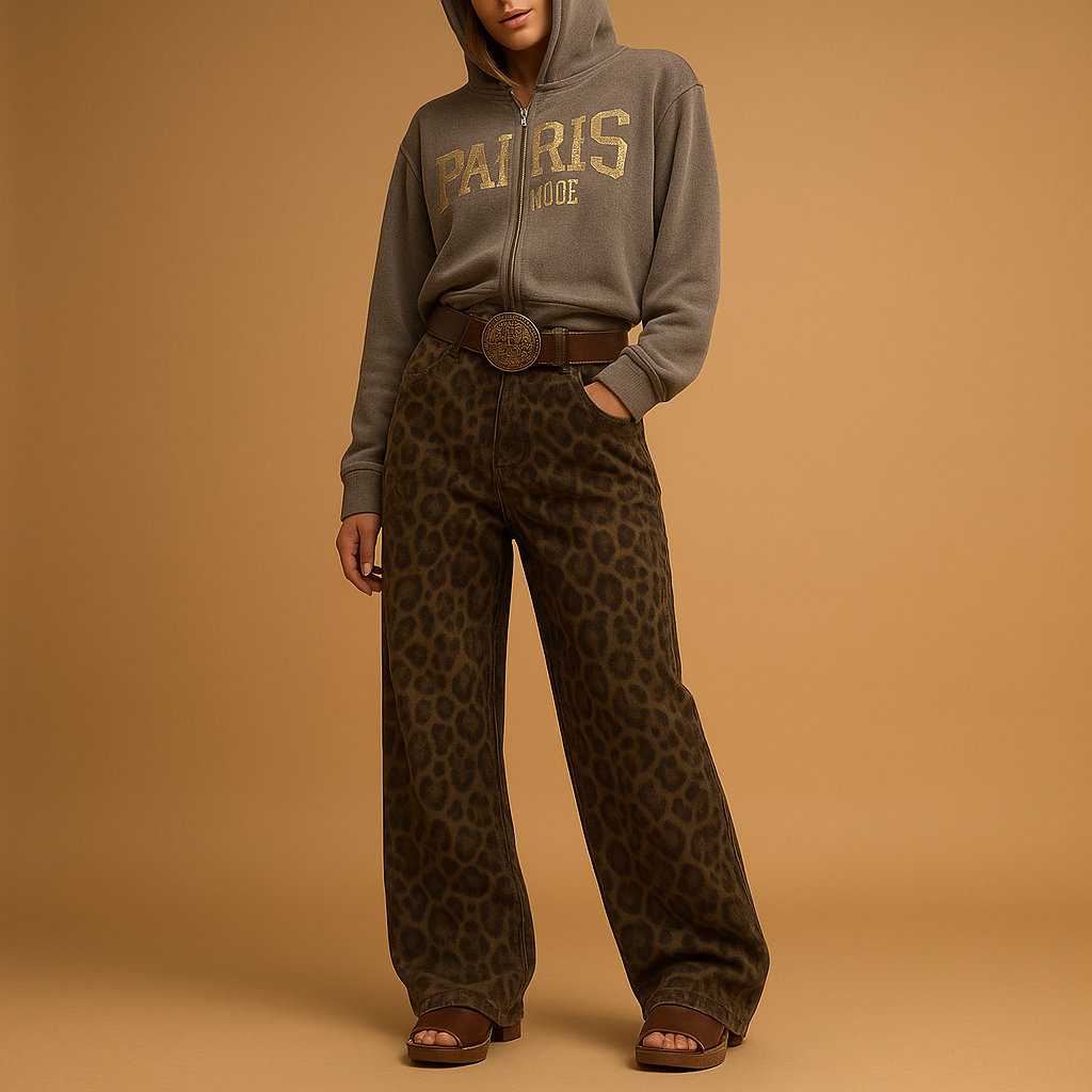 Women’s leopard print slim fit jeans with a comfortable stretch and flattering fit, perfect for casual or bold evening outfits.