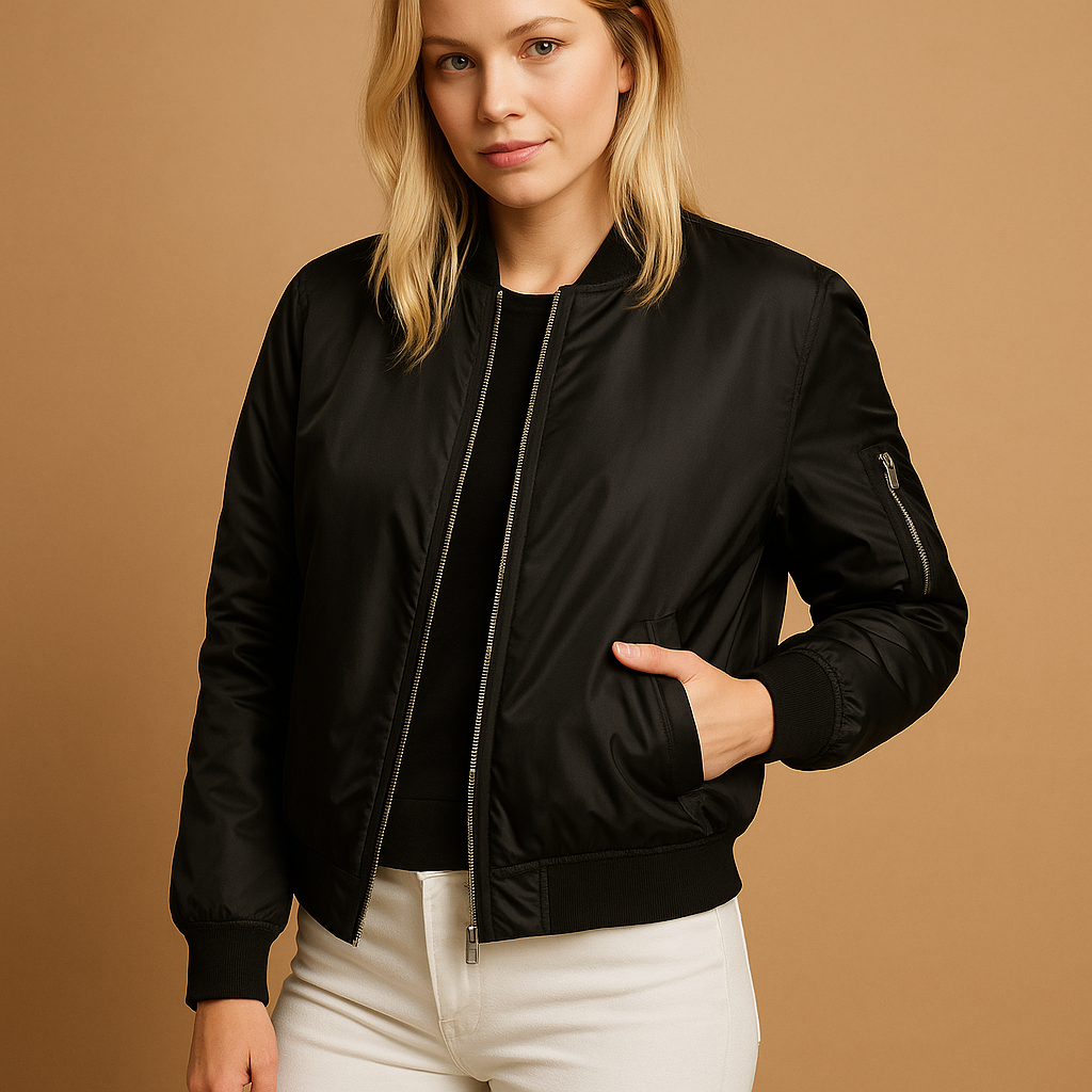 Women’s lightweight bomber jacket with a zip closure and side pockets, suitable for summer days, casual outfits, and evening wear.