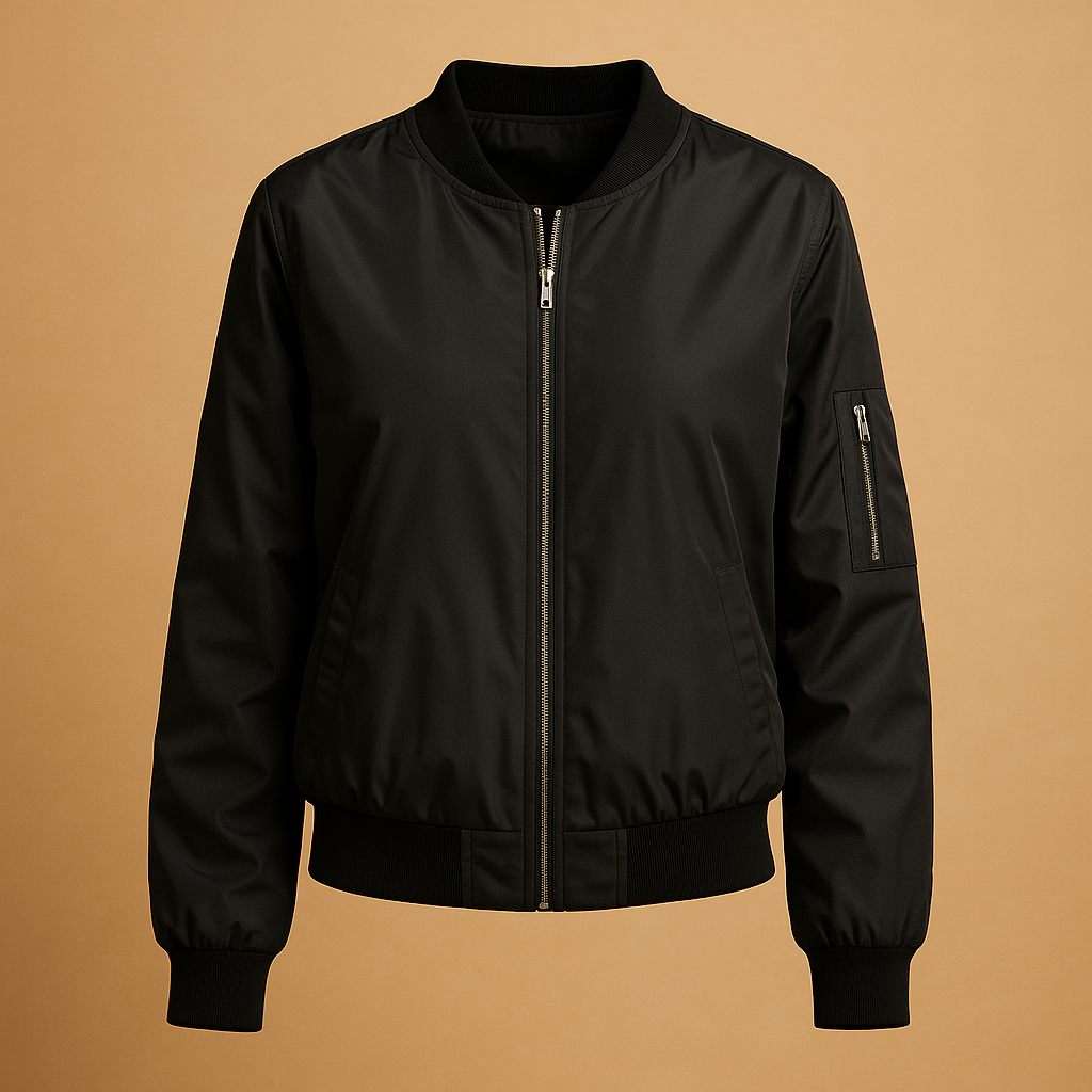 Women’s lightweight bomber jacket with a zip closure and side pockets, suitable for summer days, casual outfits, and evening wear.