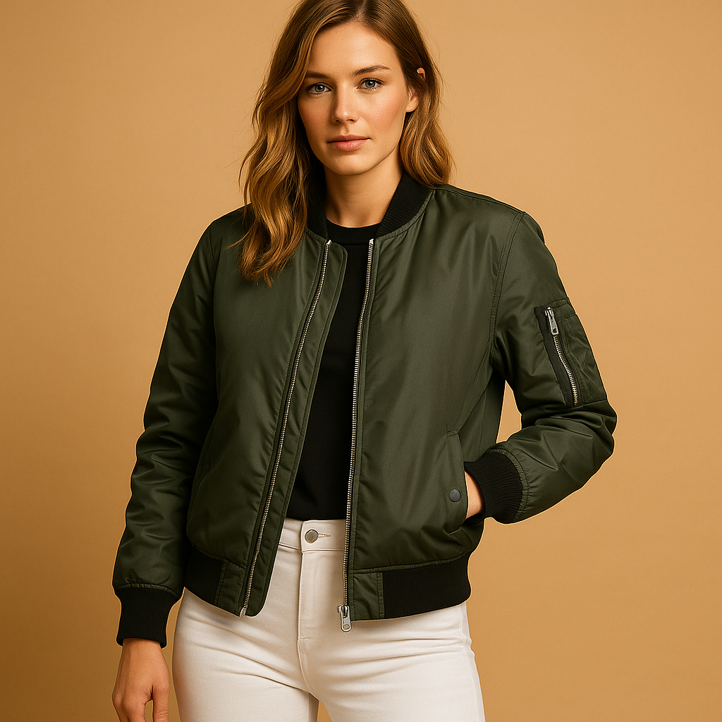 Women’s lightweight bomber jacket with a zip closure and side pockets, suitable for summer days, casual outfits, and evening wear.