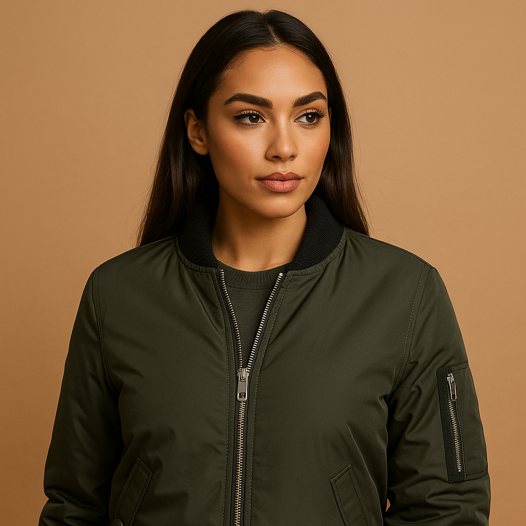 Women’s lightweight bomber jacket with a zip closure and side pockets, suitable for summer days, casual outfits, and evening wear.