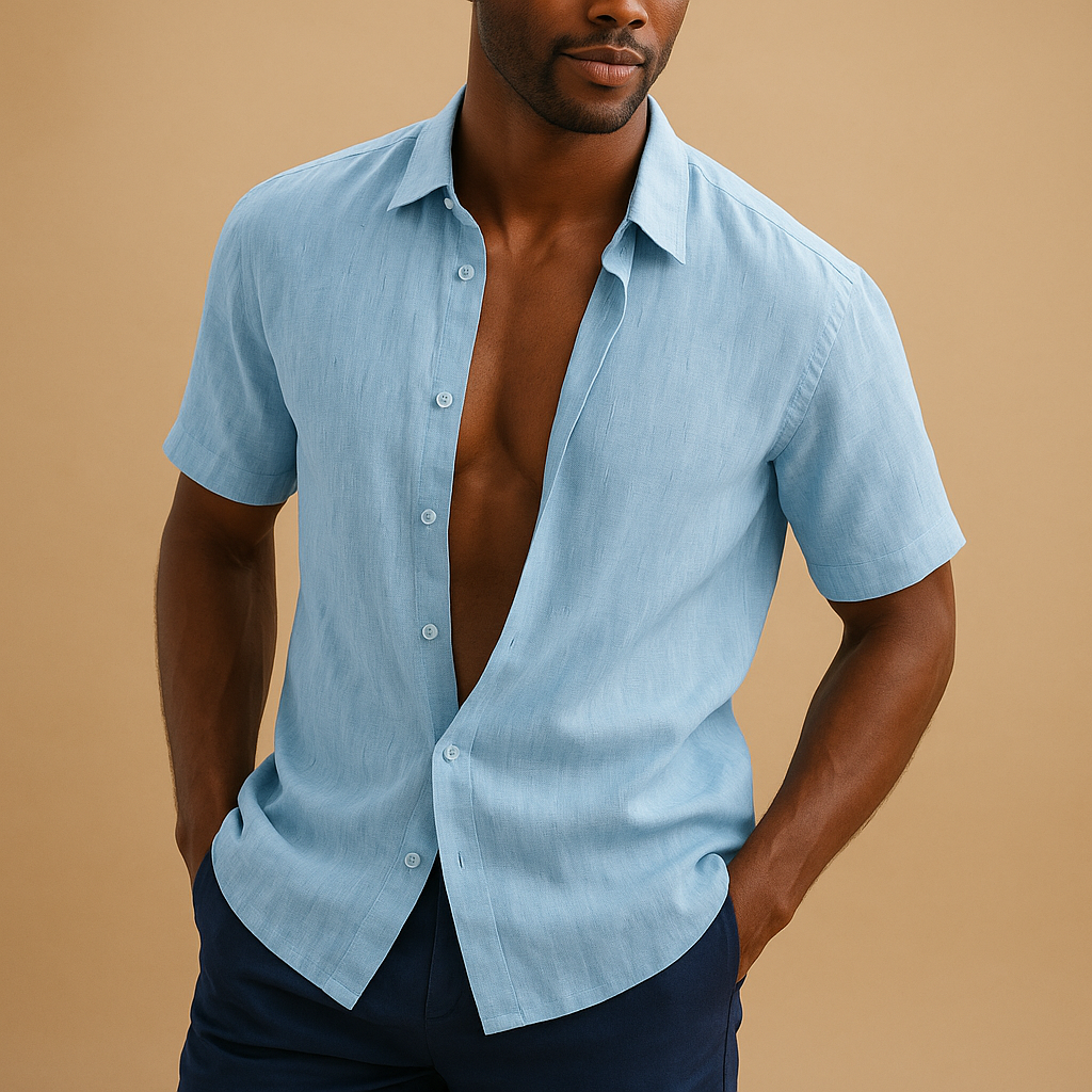 Men’s lightweight breathable shirt in black, khaki, pink, sky blue, and white, ideal for casual and business wear.