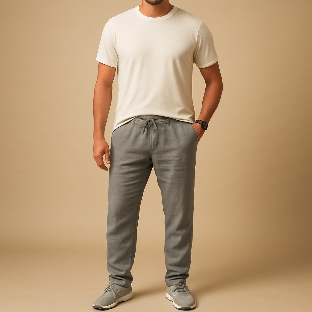 Men’s lightweight casual pants with loose fit and breathable fabric, perfect for summer, beach, or elegant casual occasions.