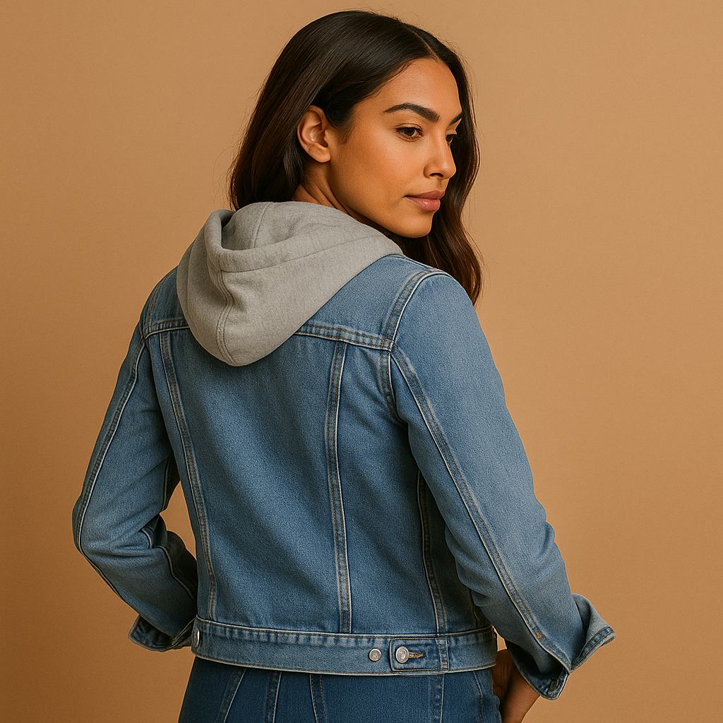 Women’s lightweight denim jacket with hood and classic design, suitable for summer wear, casual outfits, and layering on cooler evenings.
