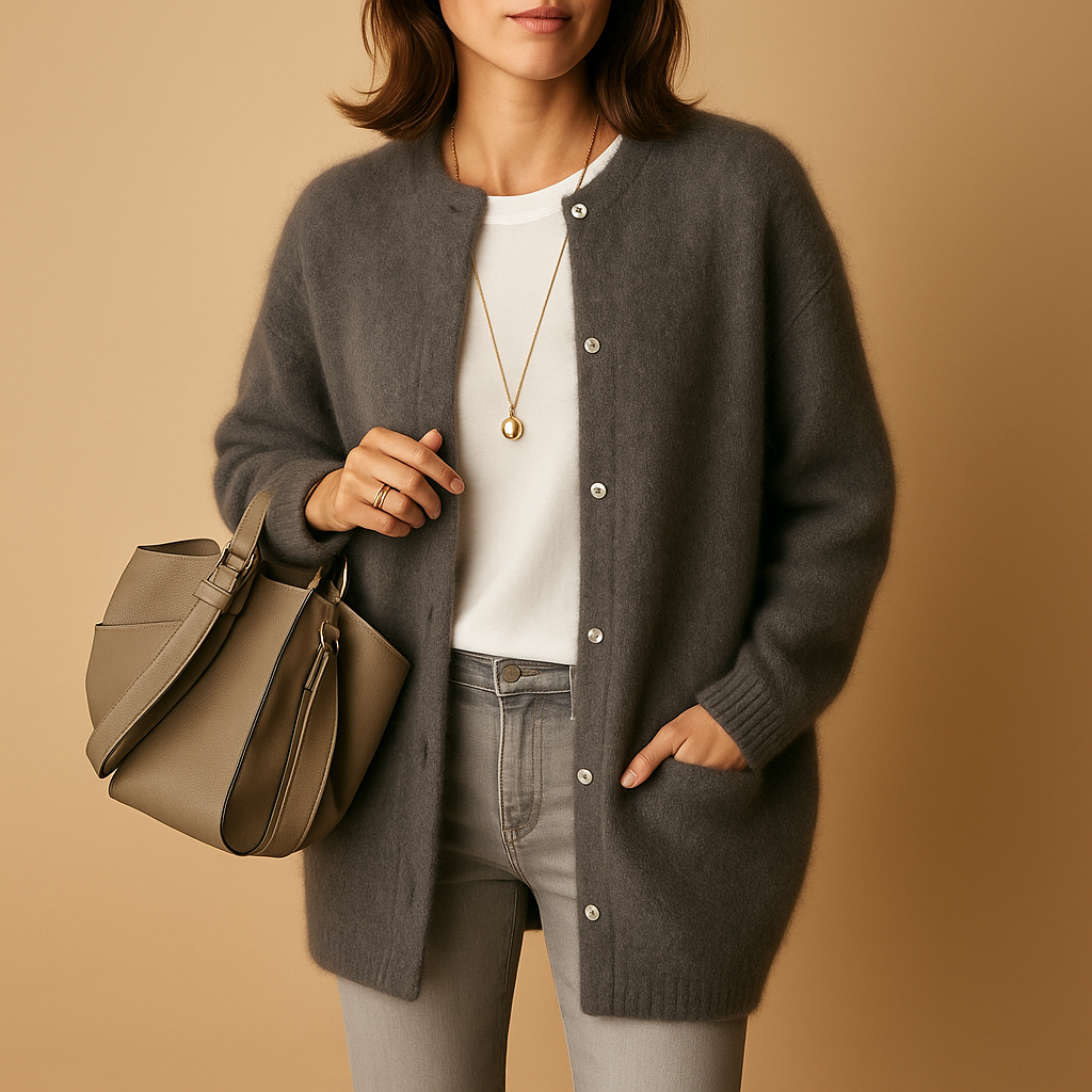 Lightweight knitted cardigan for women with relaxed fit, breathable fabric, hip-length cut, and button-front closure, available in seasonal colors.