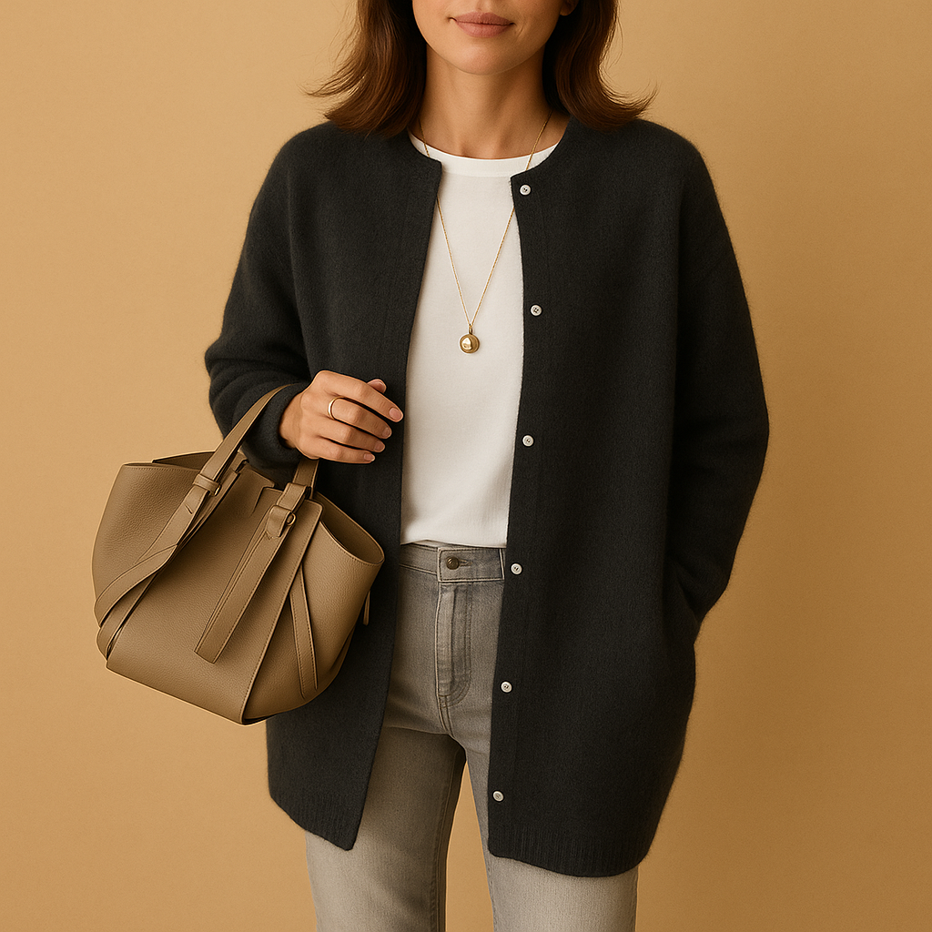 Lightweight knitted cardigan for women with relaxed fit, breathable fabric, hip-length cut, and button-front closure, available in seasonal colors.
