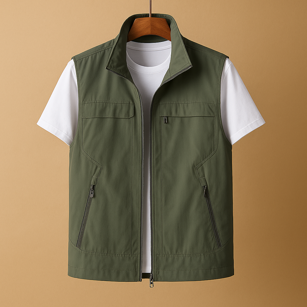 Men’s lightweight outdoor cardigan with mesh fabric, short sleeves, and practical pockets, ideal for hiking, fishing, and camping adventures.