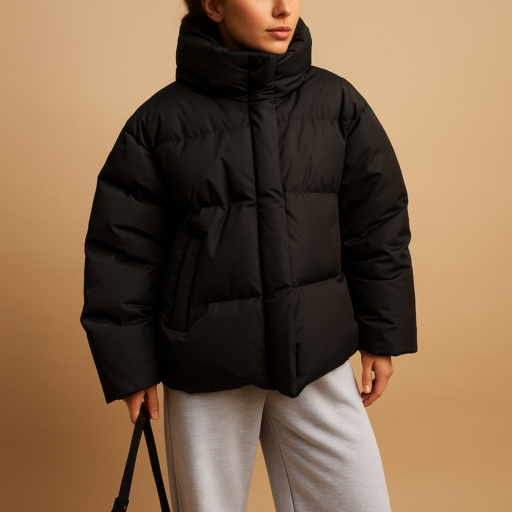 Lightweight padded jacket for women with hood, water-repellent finish, and flattering fit, perfect for casual walks or city outings.