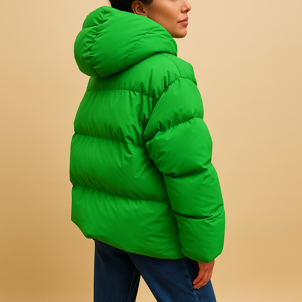 Lightweight padded jacket for women with hood, water-repellent finish, and flattering fit, perfect for casual walks or city outings.