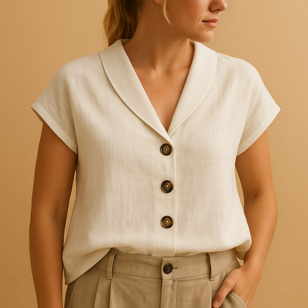 Women’s lightweight summer blouse with a round neckline and button closure, suitable for beach days, holidays, and casual summer outfits.
