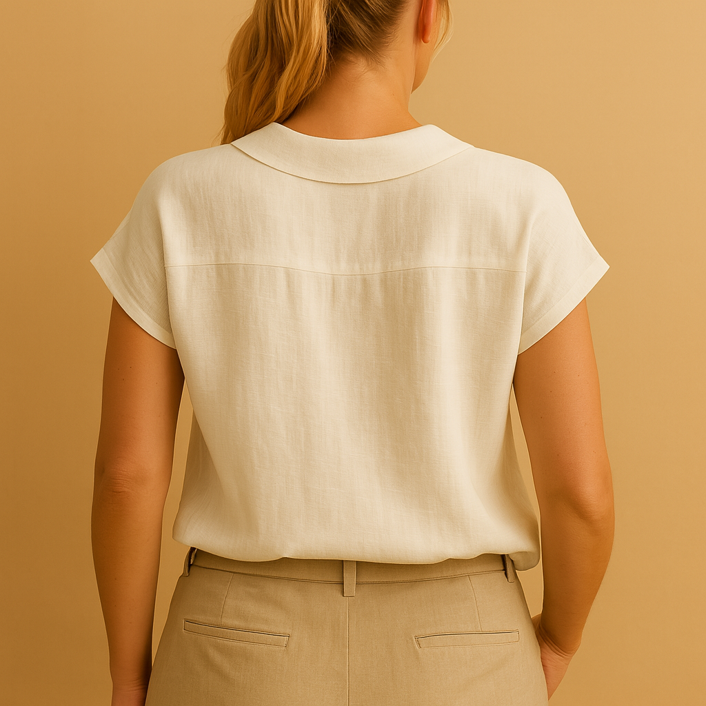 Women’s lightweight summer blouse with a round neckline and button closure, suitable for beach days, holidays, and casual summer outfits.