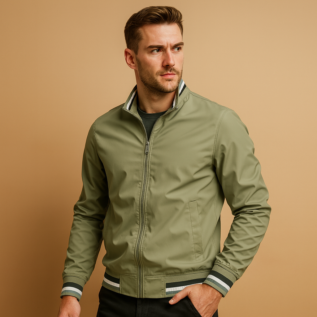 Men’s lightweight summer jacket with breathable design and zipper closure, perfect for casual or formal wear during warm days.
