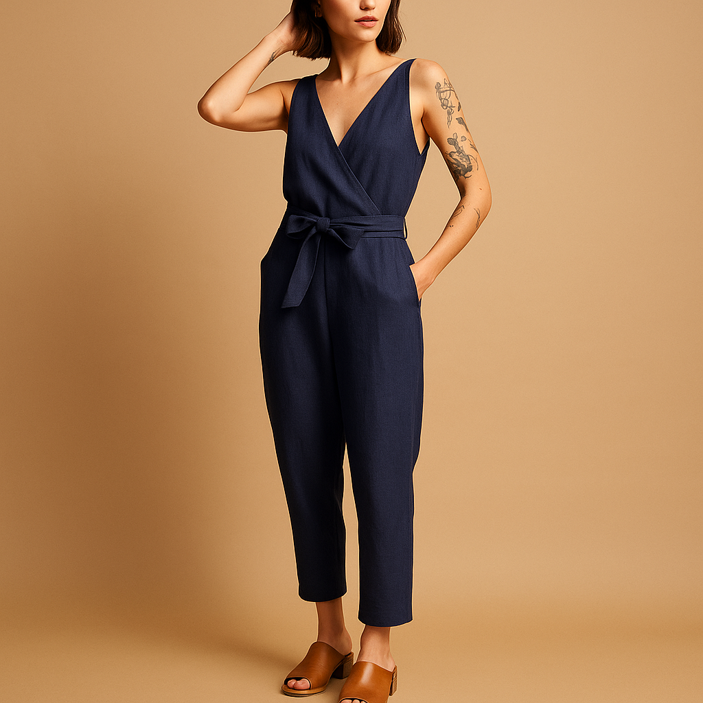 Women’s lightweight V-neck jumpsuit with adjustable waist and relaxed fit, perfect for summer days, beach trips, and casual outings.