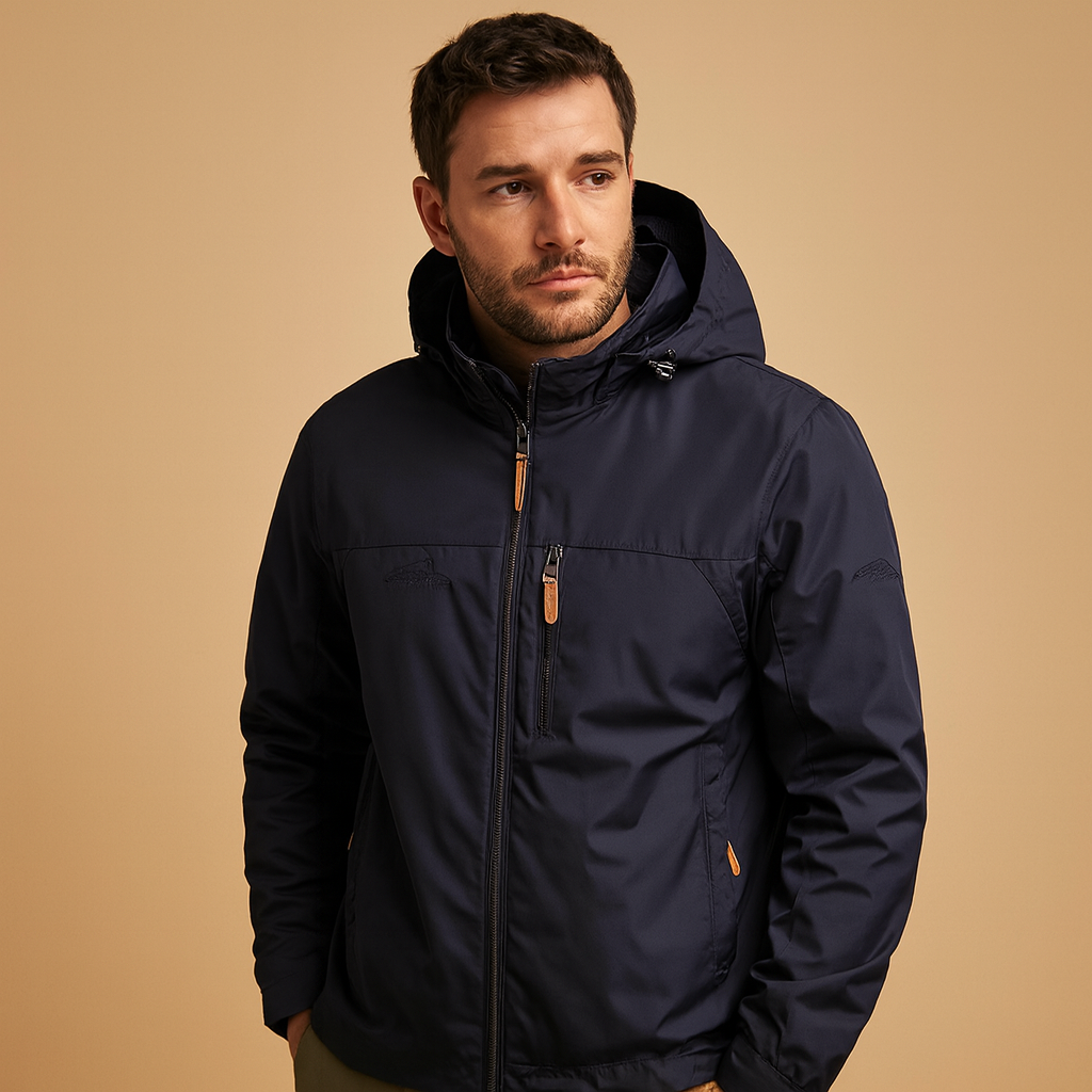 Men’s lightweight waterproof rain jacket with adjustable hood, wind protection, and breathable design, ideal for outdoor and everyday use.