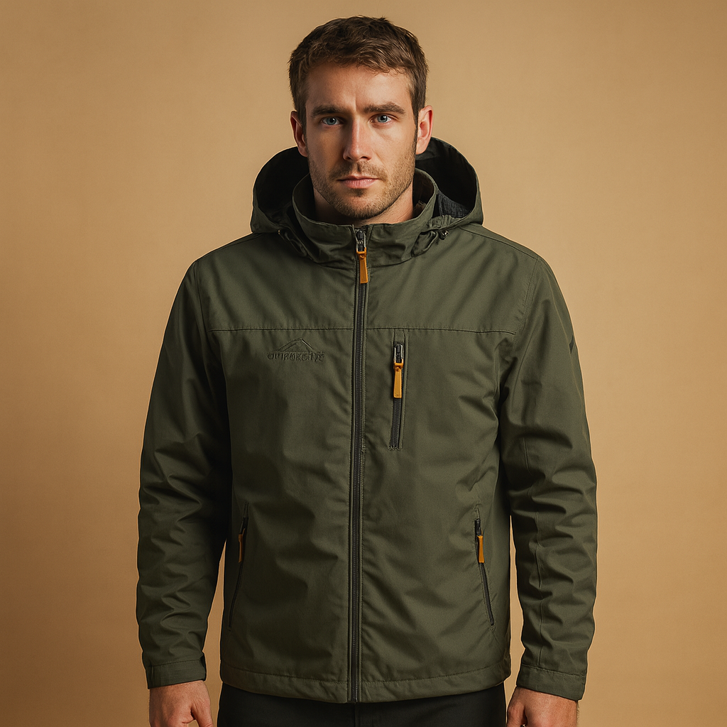 Men’s lightweight waterproof rain jacket with adjustable hood, wind protection, and breathable design, ideal for outdoor and everyday use.
