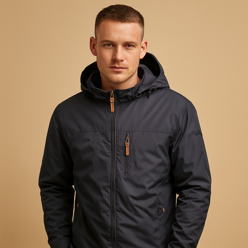 Men’s lightweight waterproof rain jacket with adjustable hood, wind protection, and breathable design, ideal for outdoor and everyday use.