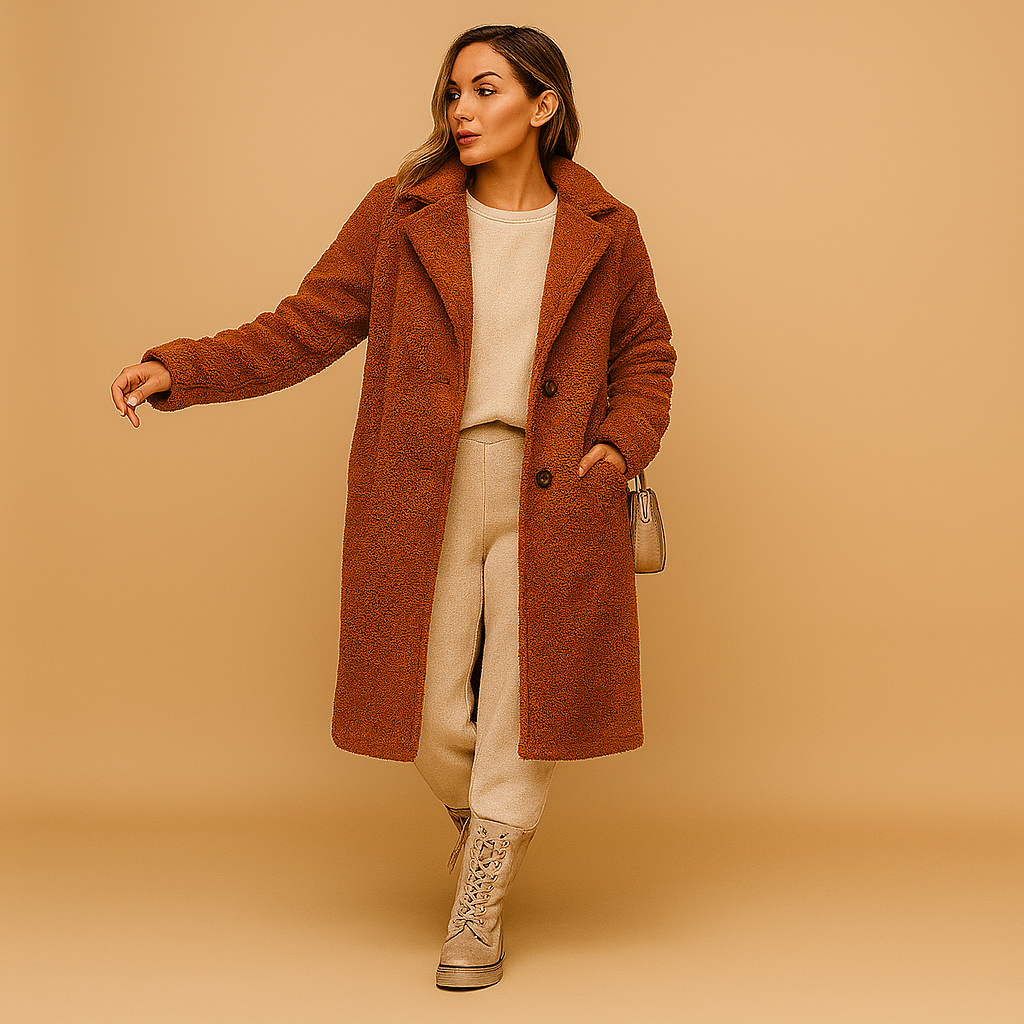 Long beige teddy coat for women with ultra-soft texture and modern silhouette, perfect for winter elegance and casual layering.