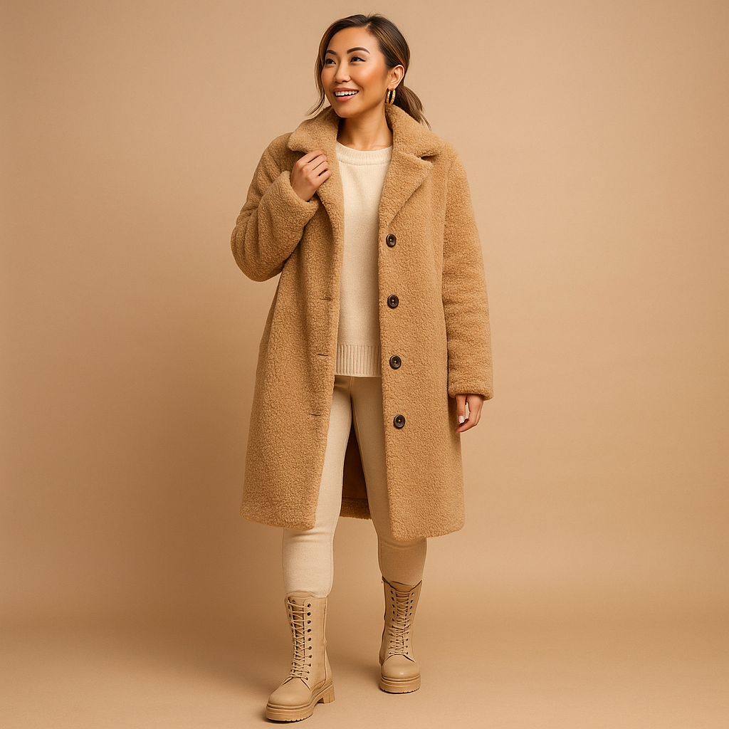 Long beige teddy coat for women with ultra-soft texture and modern silhouette, perfect for winter elegance and casual layering.