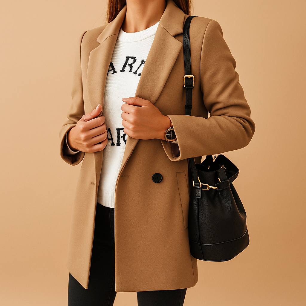 Long elegant women’s coat with a classic tailored silhouette in neutral tones, perfect for daily wear and formal occasions.