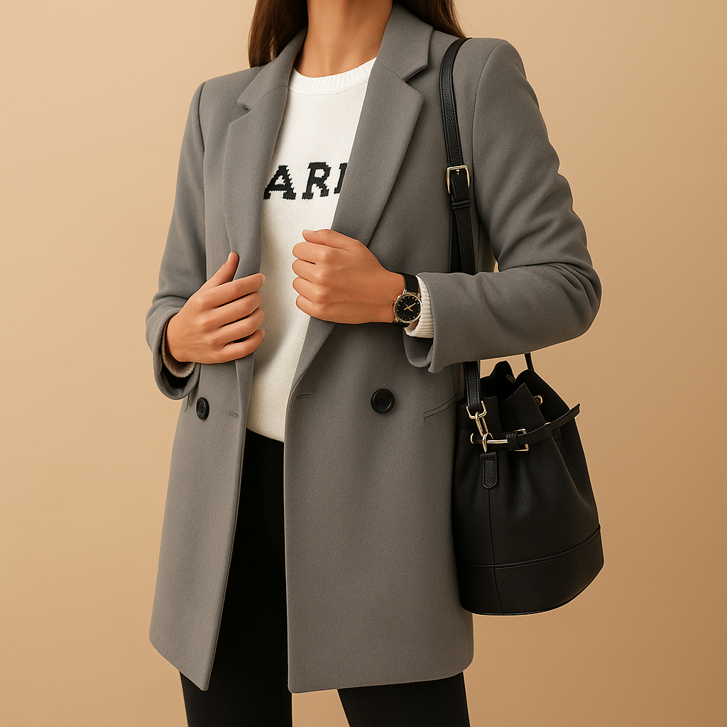 Long elegant women’s coat with a classic tailored silhouette in neutral tones, perfect for daily wear and formal occasions.