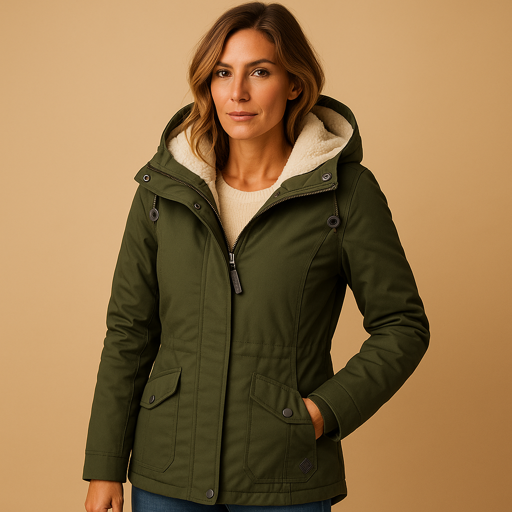 Women’s long elegant winter coat with a tailored fit and insulating lining, suitable for winter days, commuting, and formal occasions.