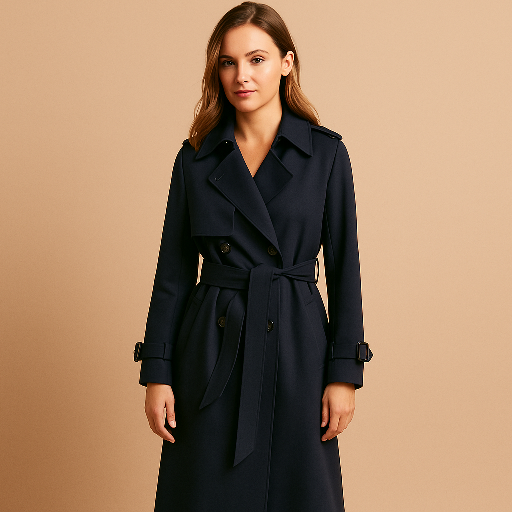 Women’s long elegant winter coat with double-breasted closure, tailored fit, and refined silhouette, perfect for winter occasions.