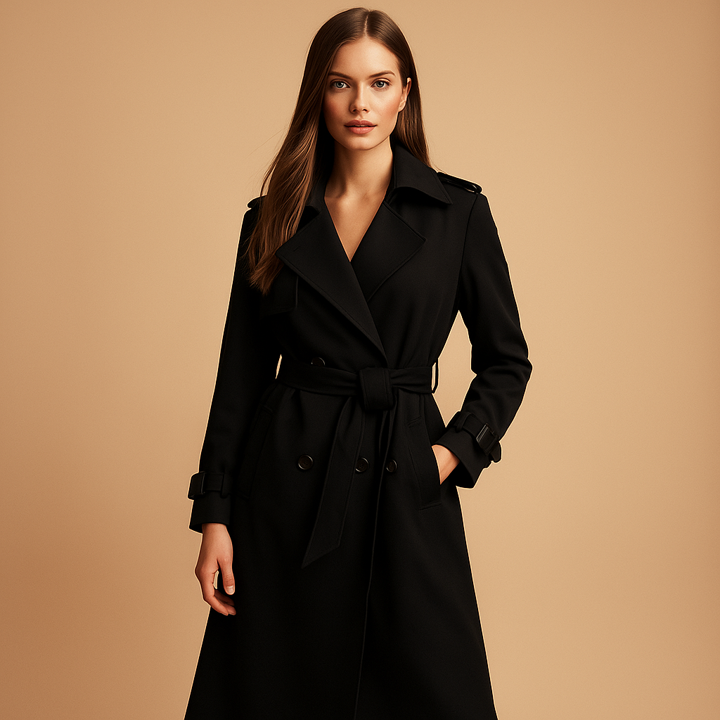 Women’s long elegant winter coat with double-breasted closure, tailored fit, and refined silhouette, perfect for winter occasions.