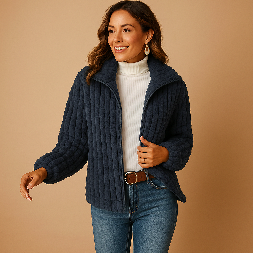 Women’s long fleece cardigan with stand-up collar and relaxed fit, perfect for layering during cool weather and cozy days.