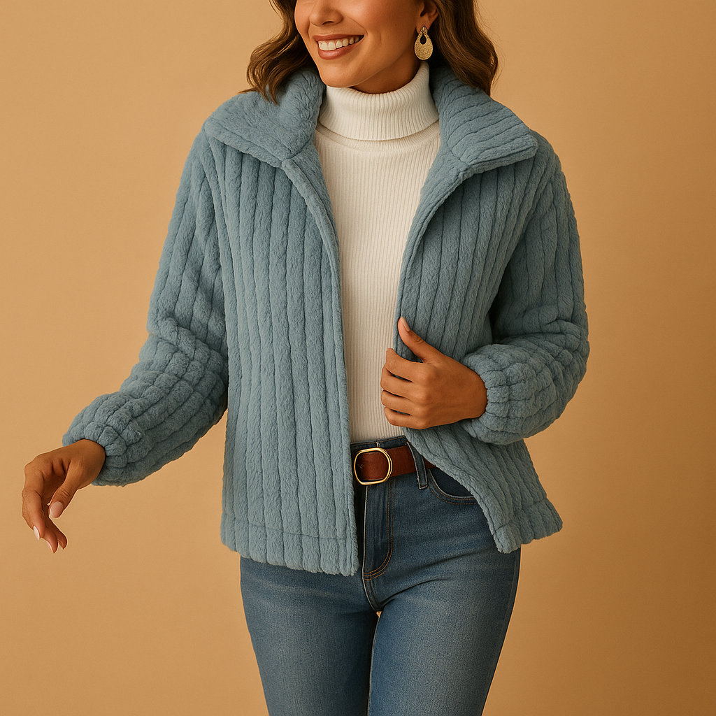 Women’s long fleece cardigan with stand-up collar and relaxed fit, perfect for layering during cool weather and cozy days.