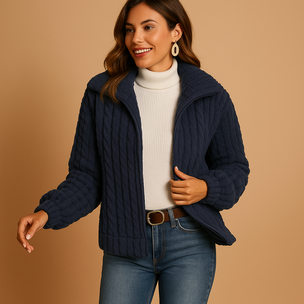 Women’s long fleece jacket with stand collar and pockets, perfect for warmth and stylish winter layering.